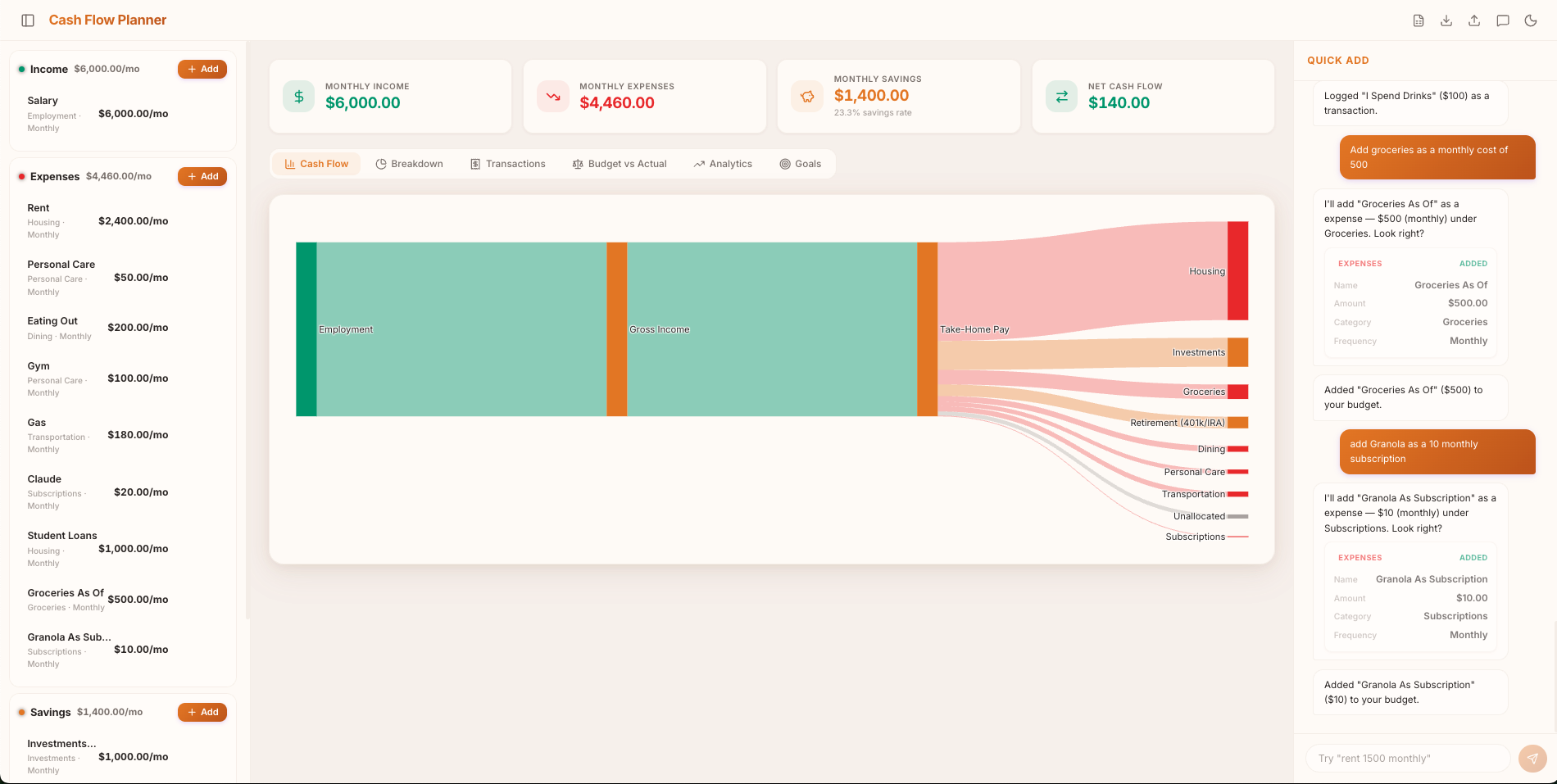 Cashflow App dashboard